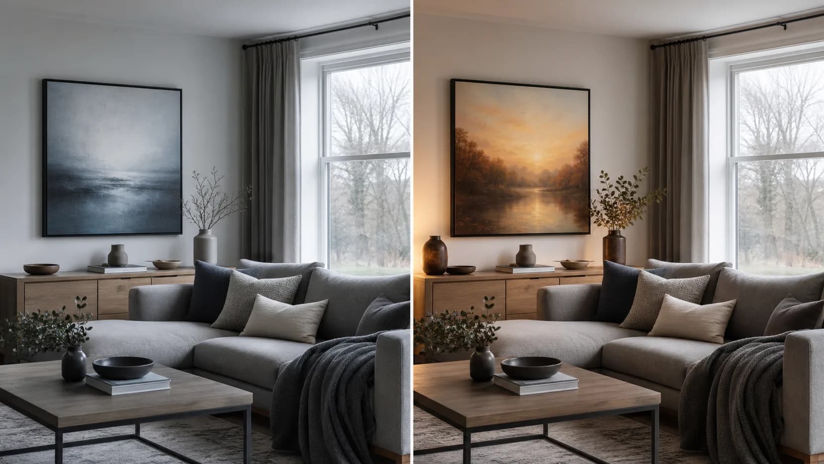 Before and after north-facing room comparison with cold blue art versus warm sunrise art.