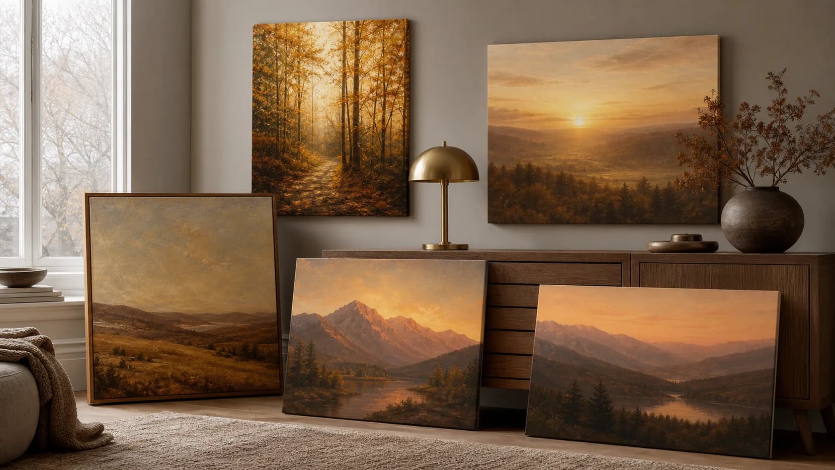 Warm canvas wall art options for grey winter rooms leaning against a neutral wall.