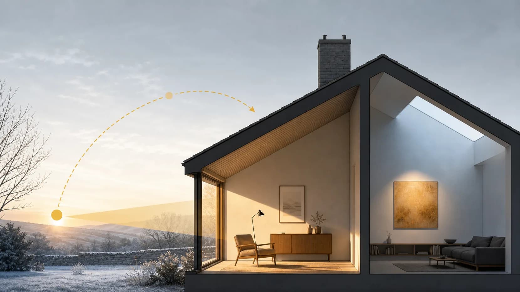 Illustration showing low winter sun and cool reflected light in a north-facing room.