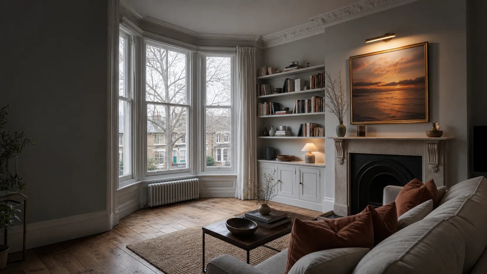 Warm wall art in a north-facing room during British winter light.