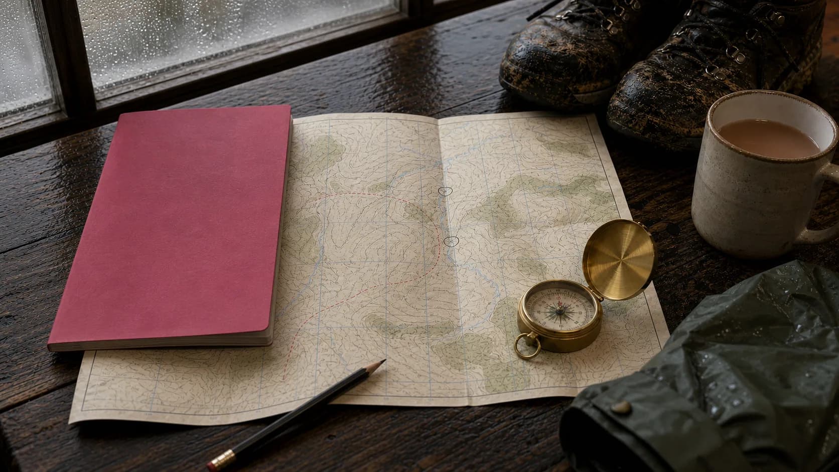 Folded British walking map with compass and contour-line details on a wooden table.
