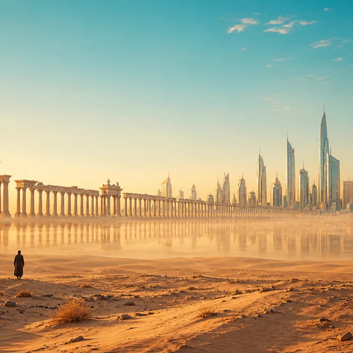 Desert horizon where a Roman colonnade dissolves into a futuristic glass skyline through heat haze.