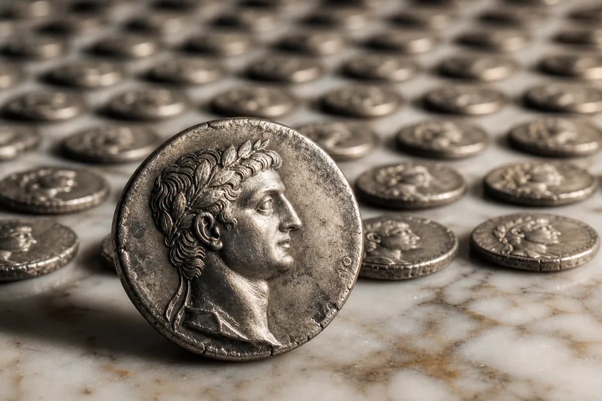 Macro view of an ancient silver coin with a generic laureled profile, lying on a marble surface among many identical coins.