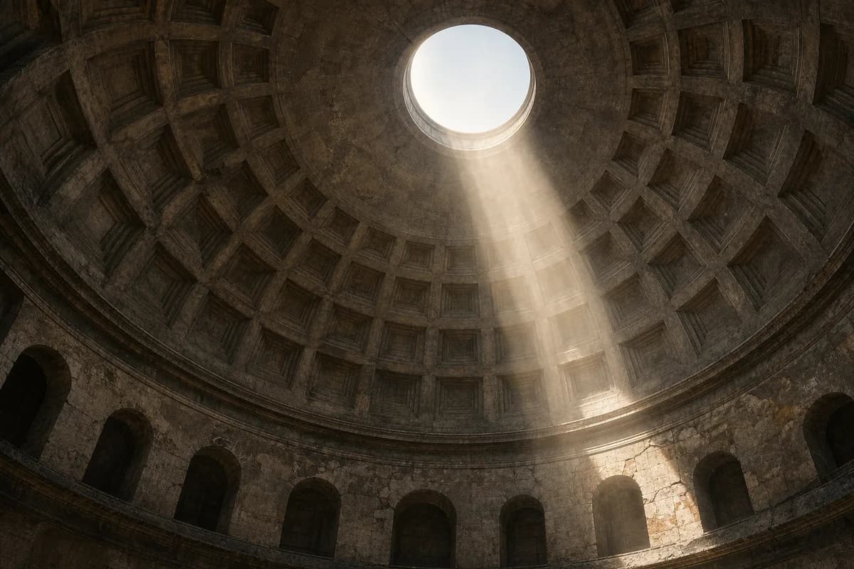 Interior of a vast coffered concrete dome with a circular oculus, a beam of sunlight crossing the space.