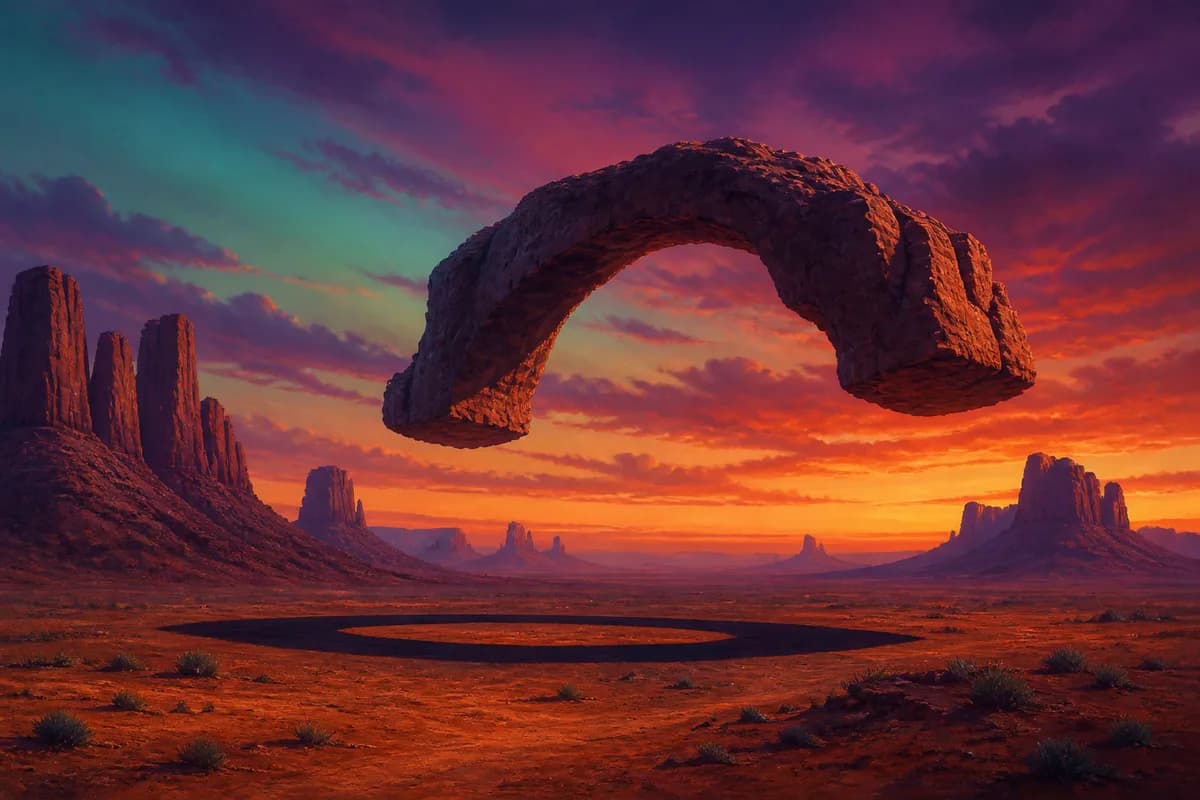 Vast empty red-rock desert at dusk with one impossible floating stone arch casting a long shadow.