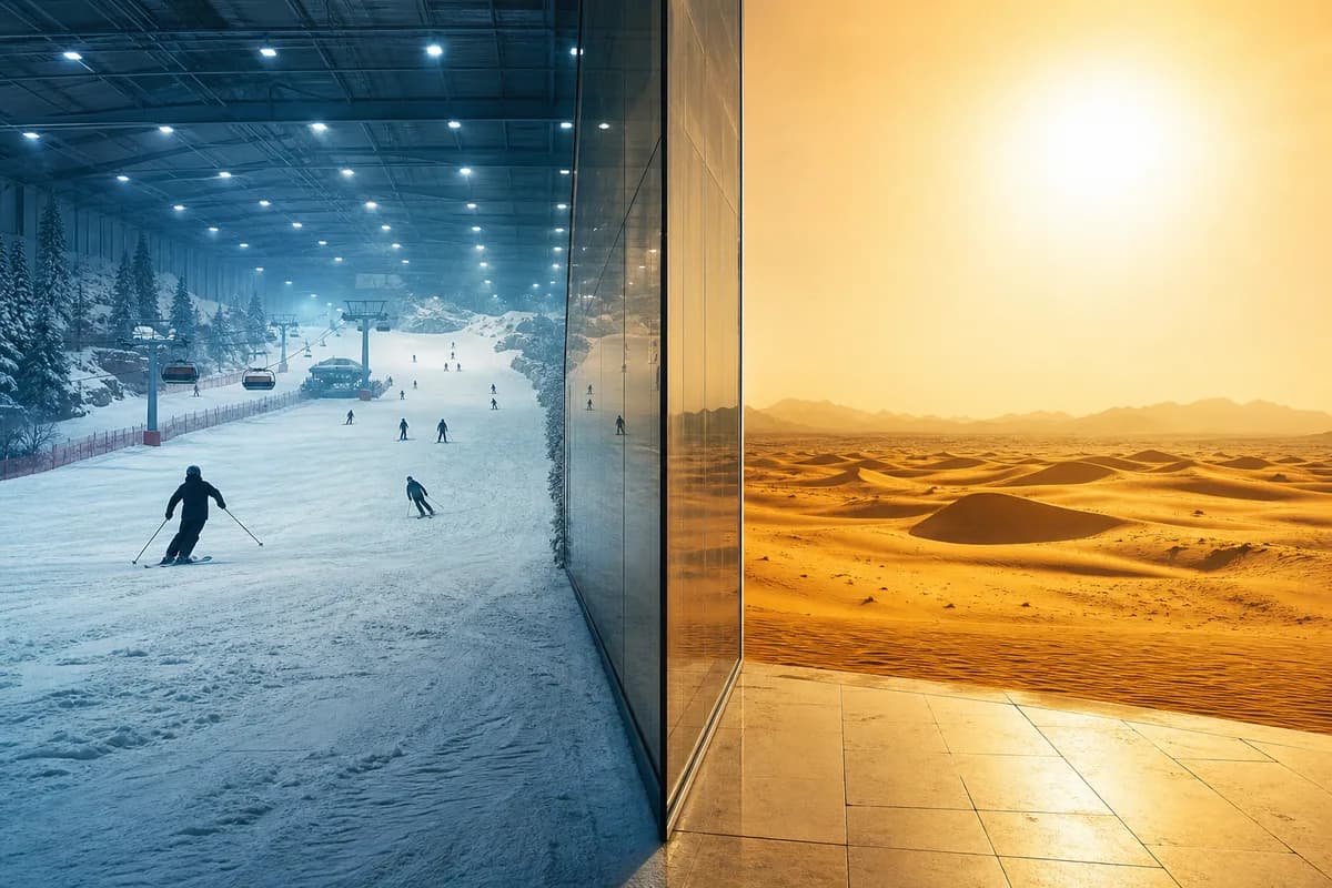 Split image of a snowy indoor ski slope and blazing desert dunes meeting at a glass wall.