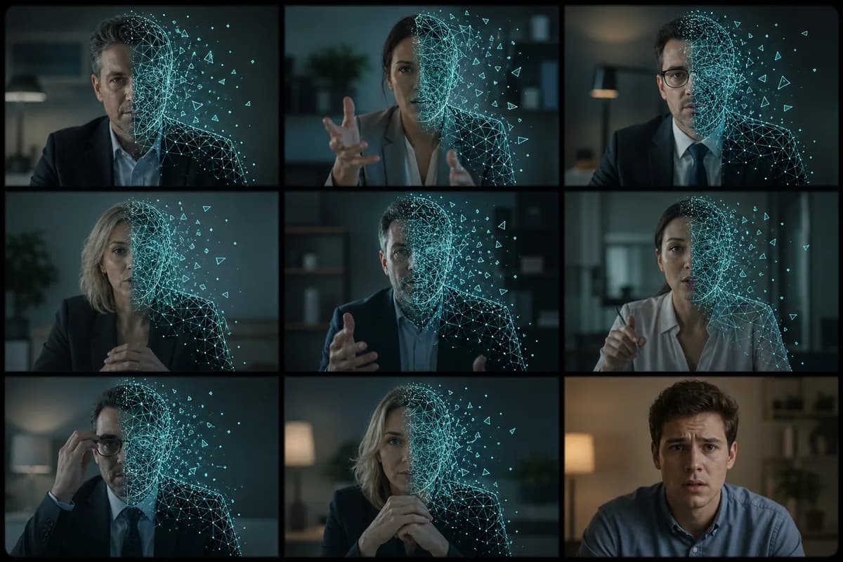 Video conference grid of businesspeople where every face except one subtly dissolves into digital wireframe.