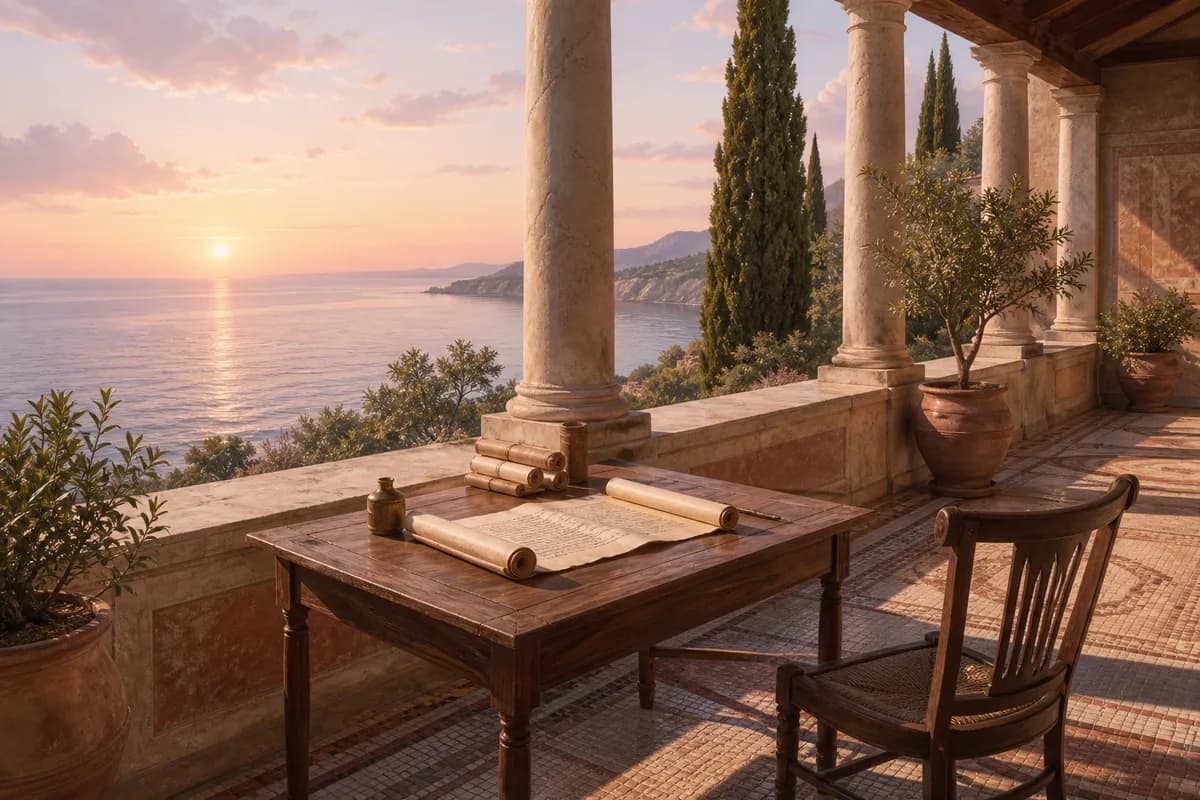 Roman villa terrace by the sea at dawn with a writing desk, scrolls and an empty chair facing the water.