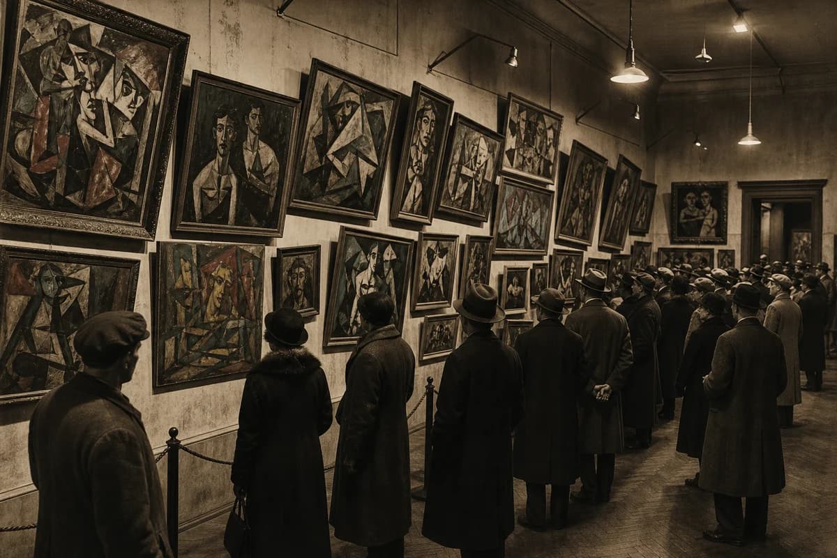 Rows of unframed modern paintings hung crookedly on a gallery wall with harsh overhead lighting, evoking 1930s exhibition conditions