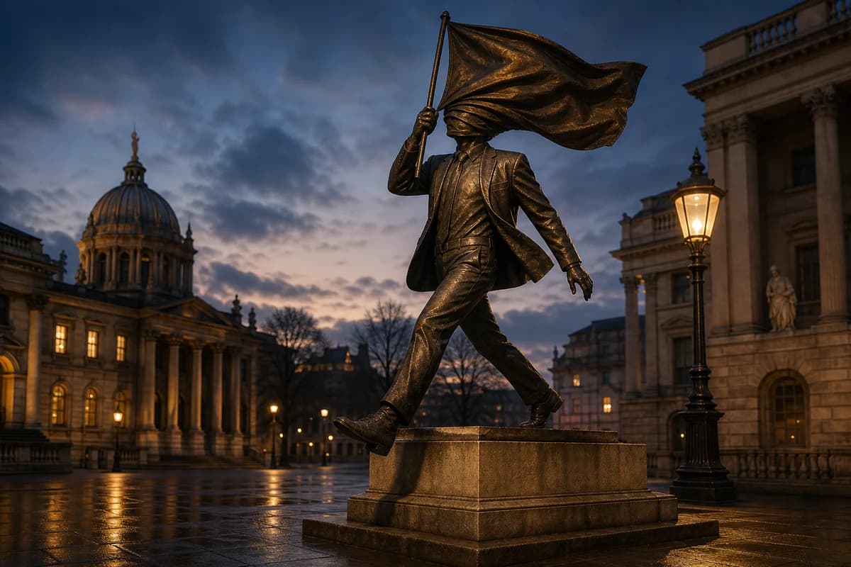 Bronze statue silhouette of a suited figure mid-stride off a plinth, flag obscuring the face, in a formal London square at dusk