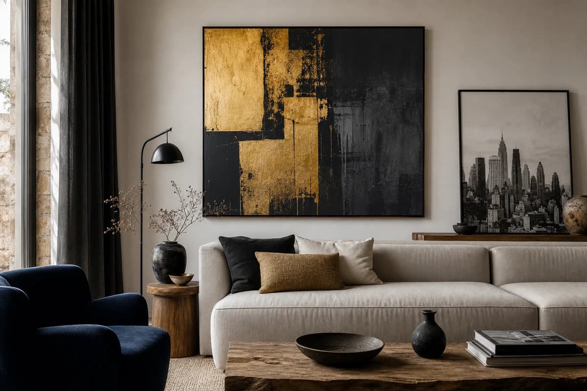 Editorial living room with a bold abstract black and gold canvas above a sofa, warm magazine lighting