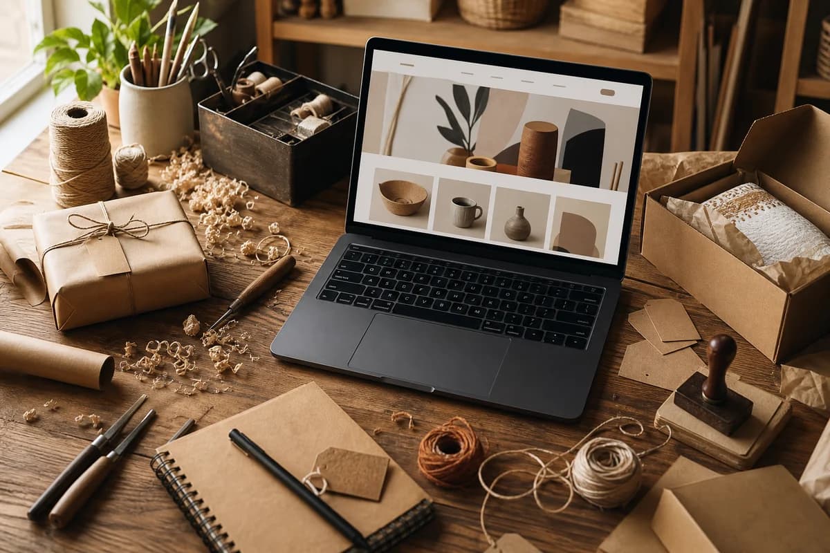 Warm, cluttered maker's workshop desk with handmade craft materials, a laptop and packaging supplies, evoking early independent online selling