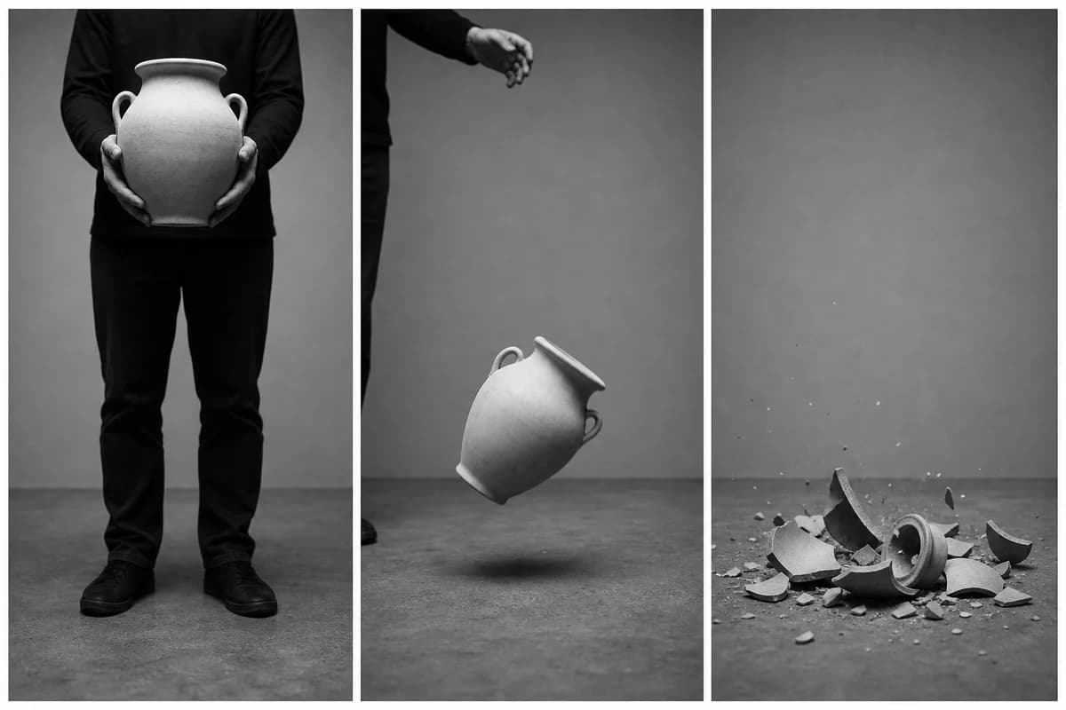 Three-frame sequence of a ceramic urn falling and shattering, black and white photographic style
