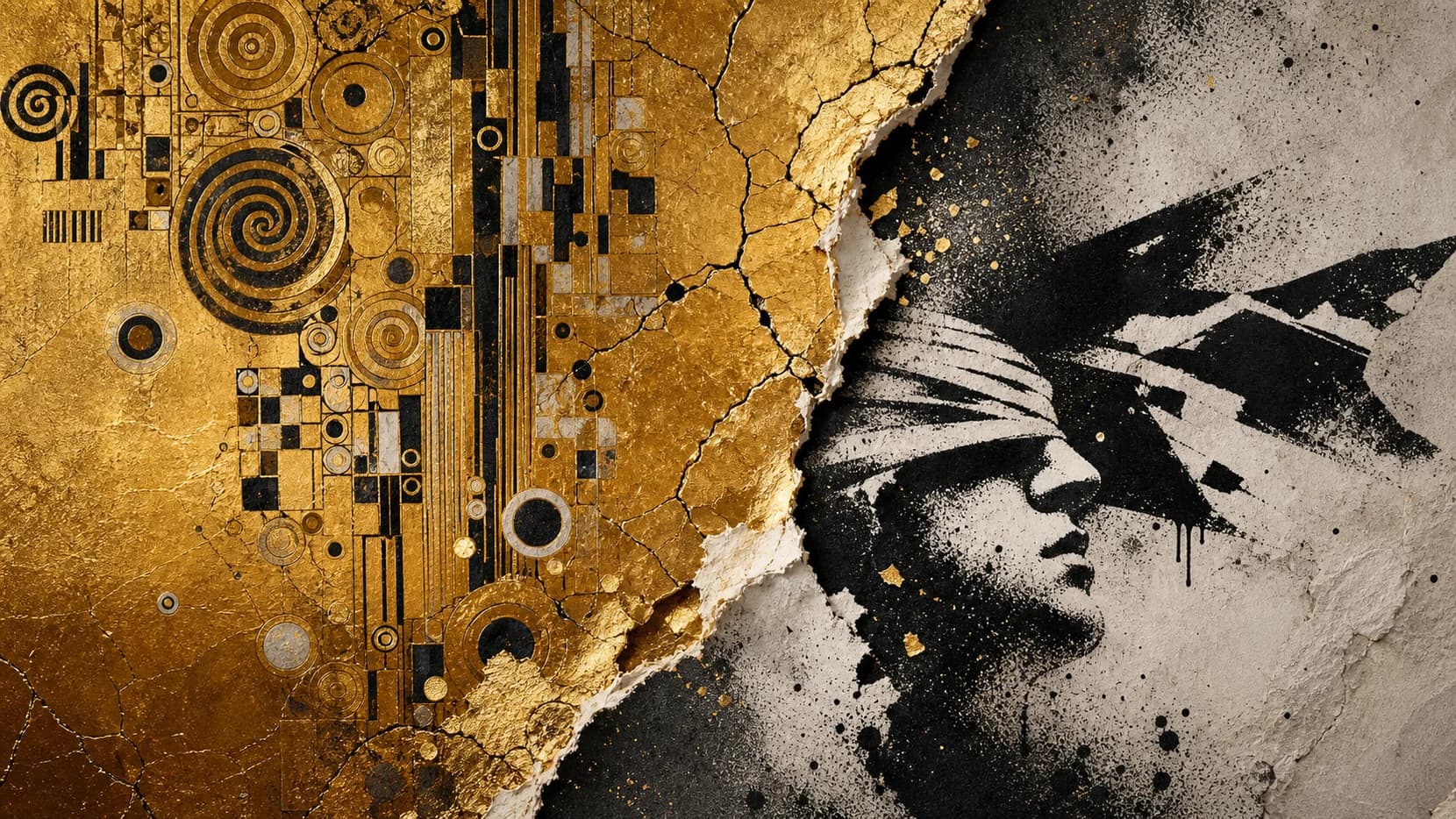 Cracked gold-leaf panel giving way to a spray-paint stencil edge, symbolising rebellious art history
