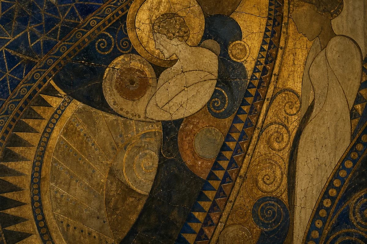 Ornate gold-leaf ceiling panel fragment in the style of early 1900s Vienna Secession decoration