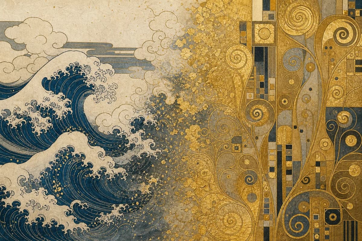 Split illustration showing a Japanese woodblock wave pattern dissolving into European Art Nouveau gold ornament