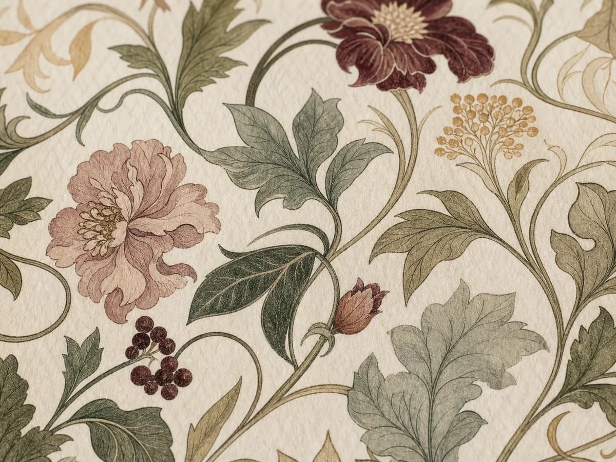 Original botanical pattern detail inspired by Arts and Crafts design principles.