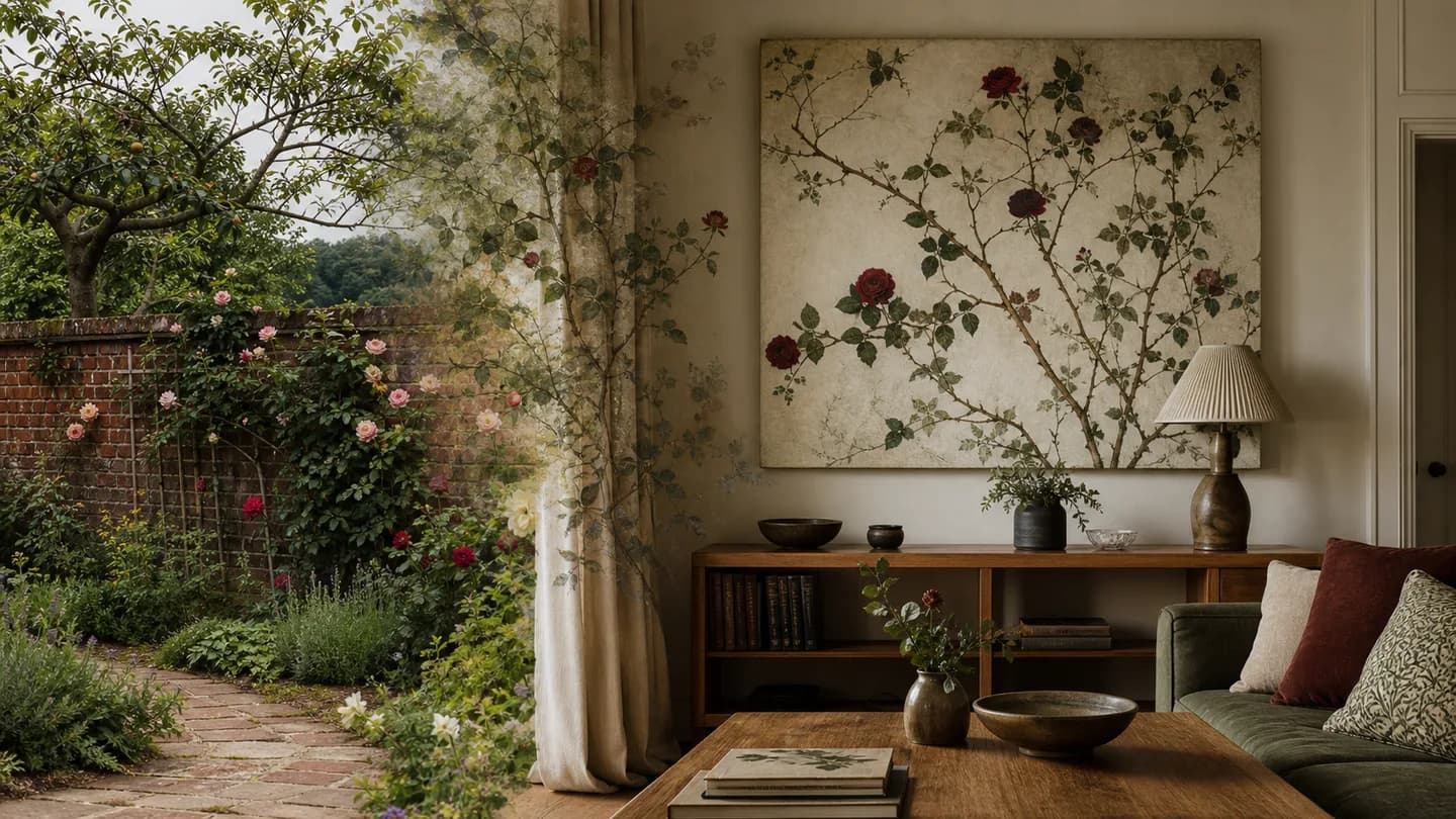 Arts and Crafts inspired room showing how garden trellis forms translate into botanical wall art.