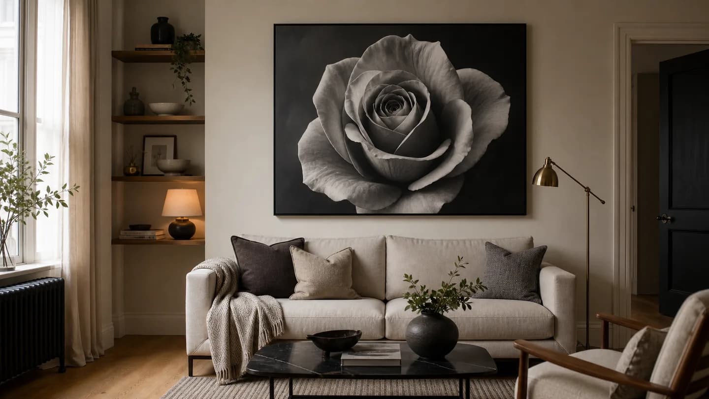 Black and white rose wall art used as a grown-up botanical focal point.