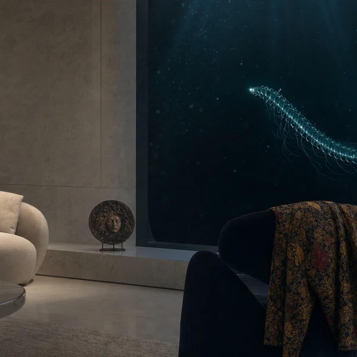 Luxury sitting room opening into a dark ocean with bioluminescent life, vintage fabric and a red poster fragment.