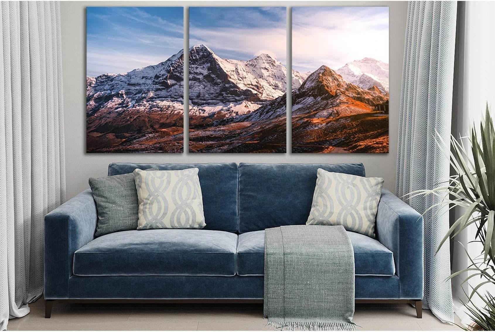 Rustic Mountain Canvas Art: A Panoramic Wall Decor StatementThis canvas print captures the rugged beauty of snow-capped mountains under a serene sky, ideal for adding a natural touch to corporate offices or living room wall decor. The warm tones and textu