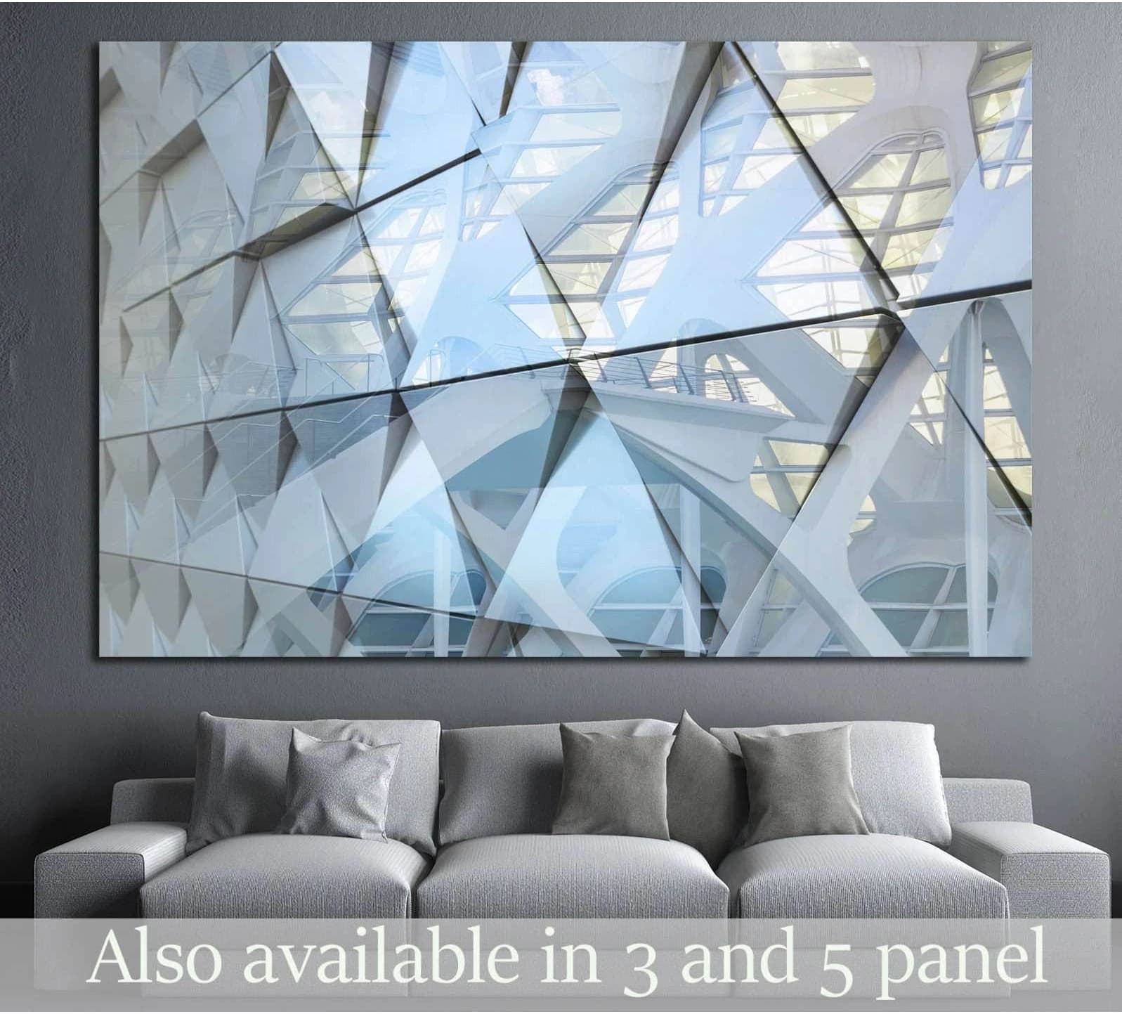 Abstract architectural canvas print with layered glass lines and white steel beams above a sofa