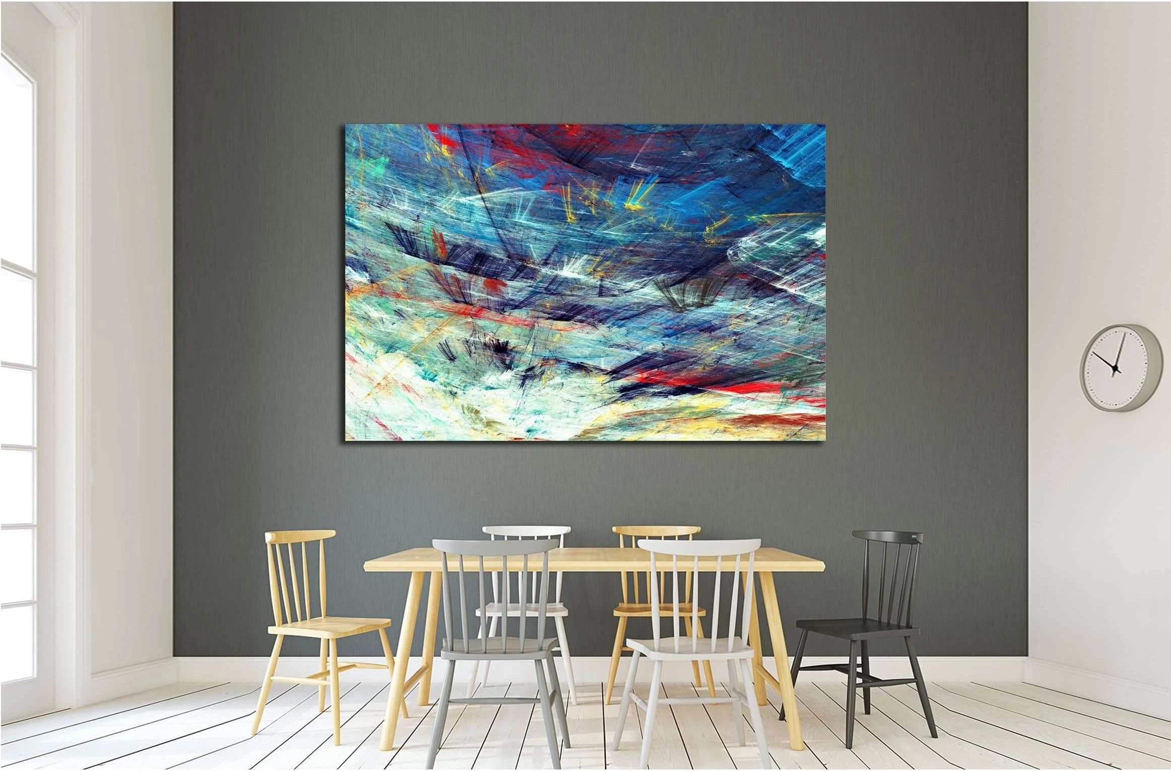 A blue-and-white abstract triptych shows energetic, brushy streaks with yellow and red sparks across layered, textured swirls detail view