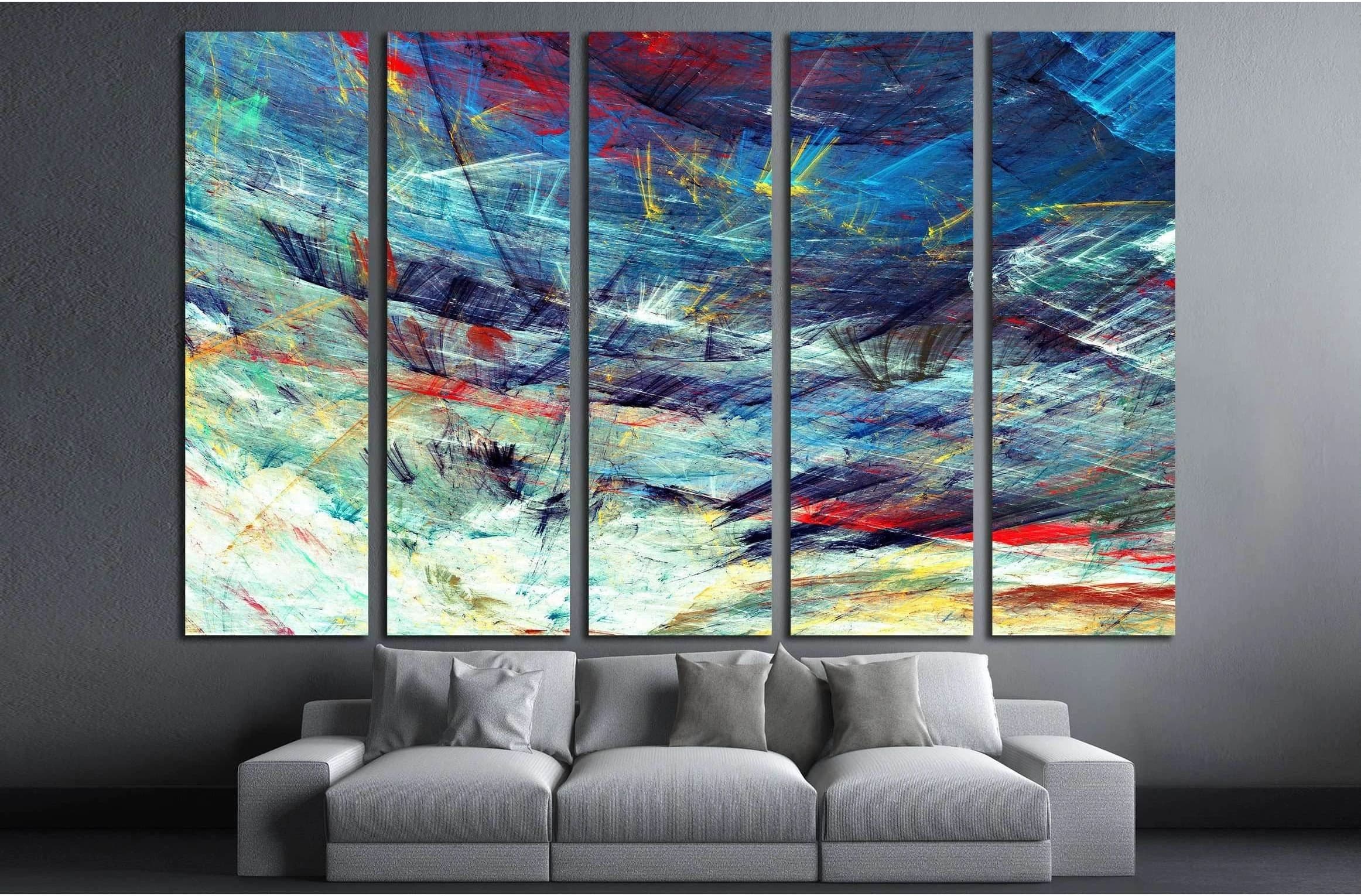 A blue-and-white abstract triptych shows energetic, brushy streaks with yellow and red sparks across layered, textured swirls detail view