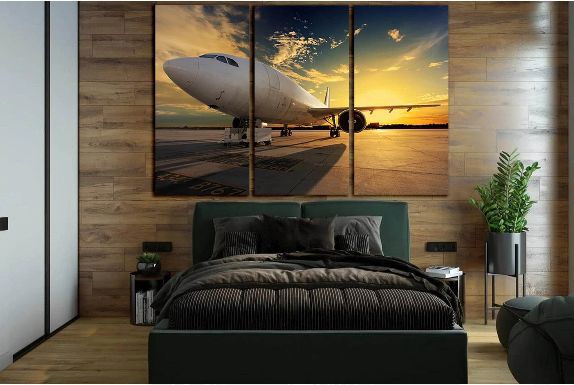 Airplane At Sunset №SL1427 Ready to Hang Canvas Print - Zellart Canvas Prints 0new, ALL_Products, Engine