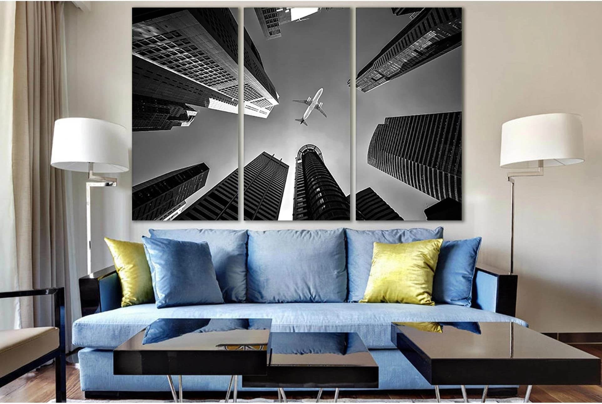 Airplane Flying Over Buildings №SL836 Ready to Hang Canvas Print - Zellart Canvas Prints 0new, ALL_Products, Black & White Wall Art