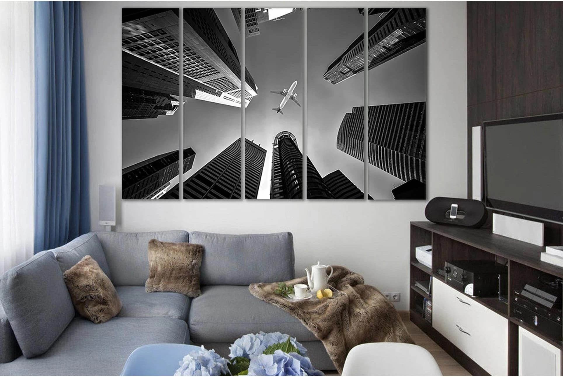 Airplane Flying Over Buildings №SL836 Ready to Hang Canvas Print - Zellart Canvas Prints 0new, ALL_Products, Black & White Wall Art