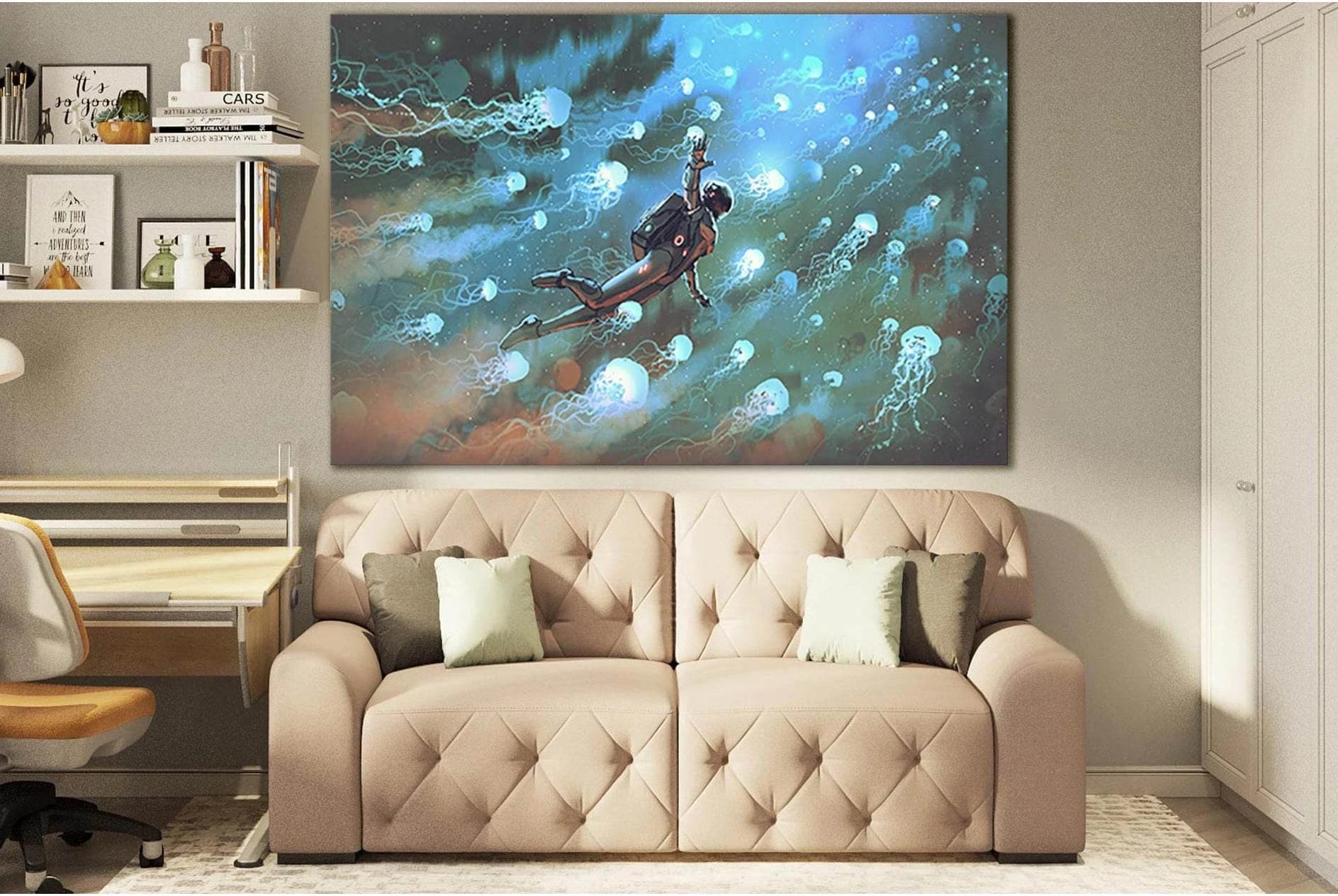 Astronaut With Jellyfishes In Space №SL1252 Ready to Hang Canvas Print - Zellart Canvas Prints 0new, ALL_Products, Fantasy And Sci Fi Wall Art