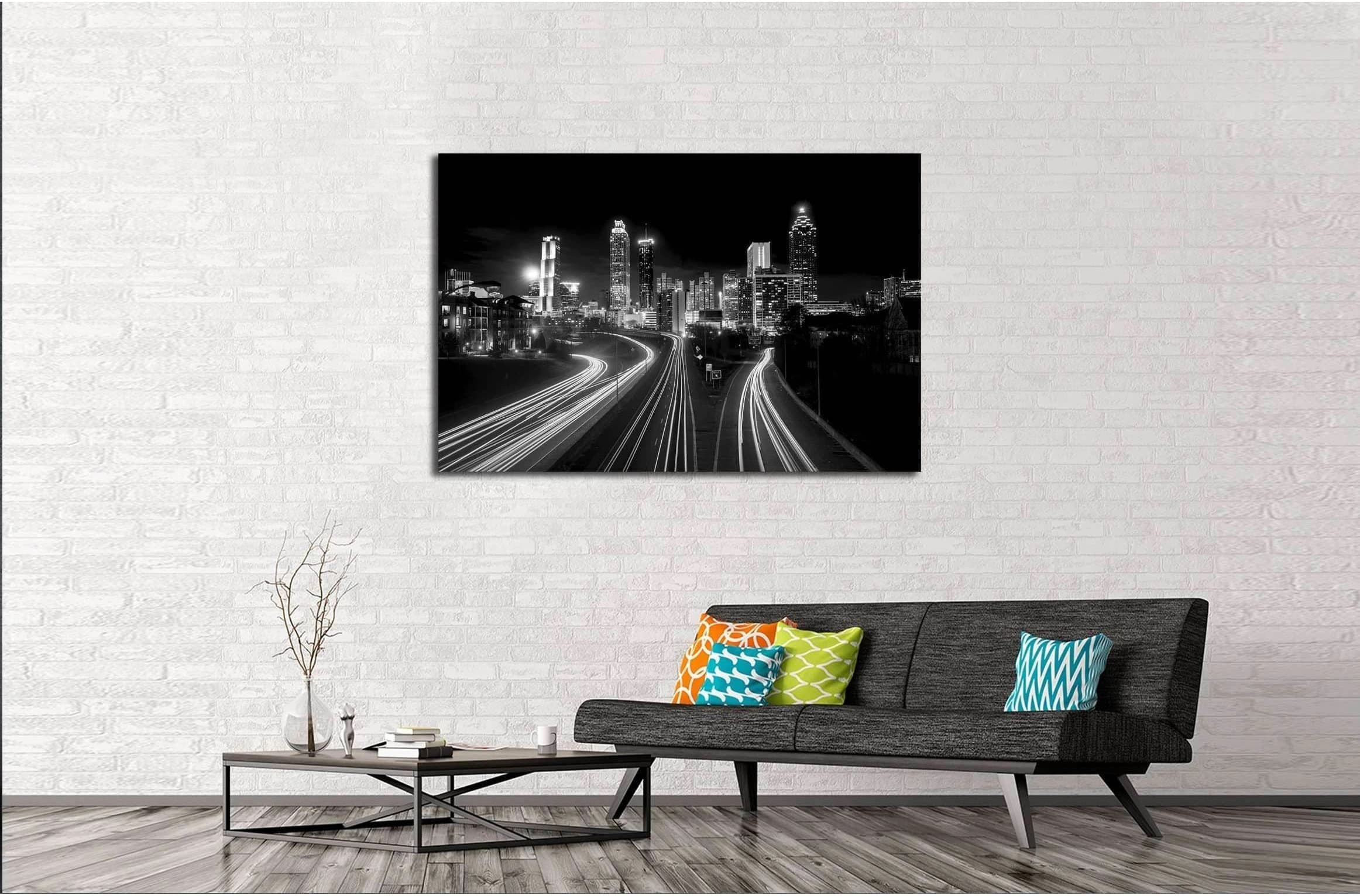 Atlanta Skyline at night, high contrast black and white with light trails №2947 Ready to Hang Canvas Print - Zellart Canvas Prints ALL_Products, s-2947