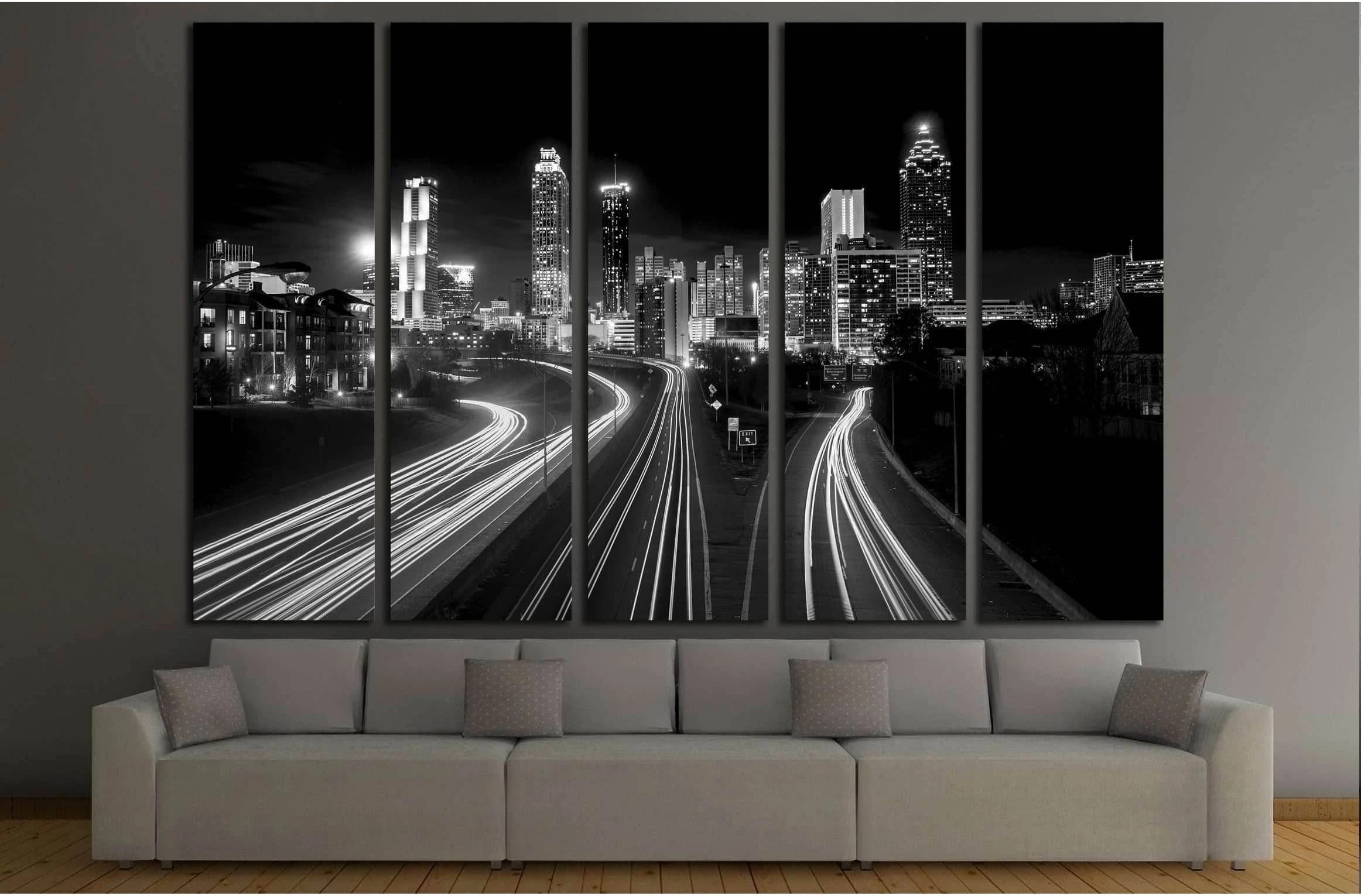 Atlanta Skyline at night, high contrast black and white with light trails №2947 Ready to Hang Canvas Print - Zellart Canvas Prints ALL_Products, s-2947