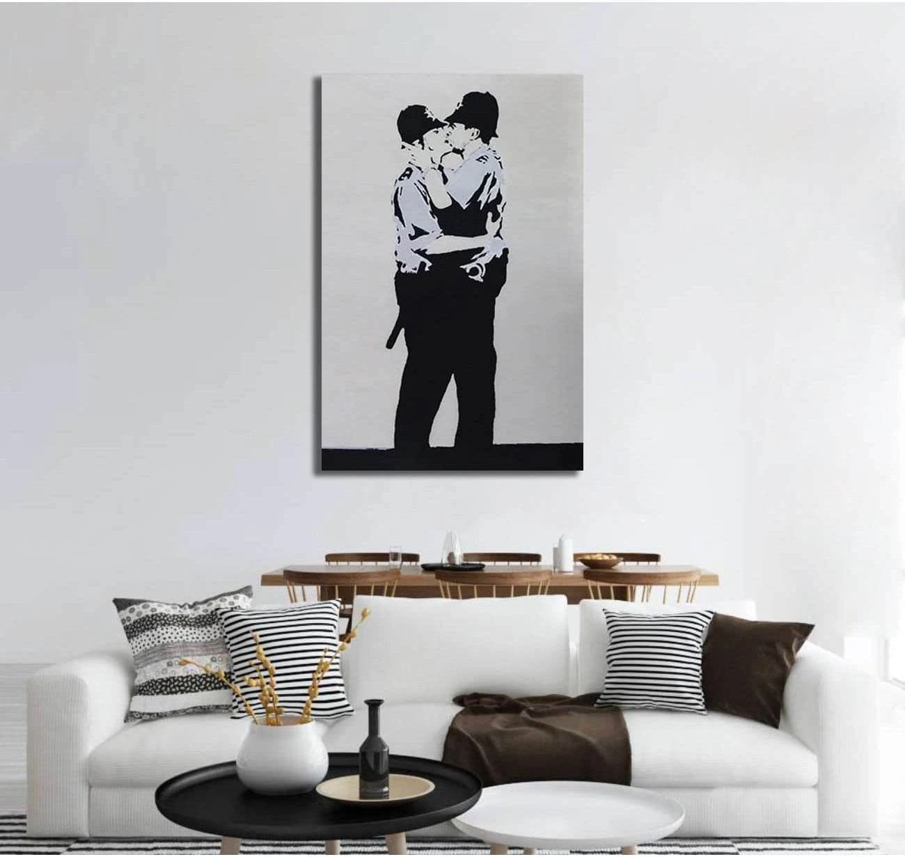 Banksy two policemen kissing - Ready to Hang Canvas Print - Zellart Canvas Prints 000Negative, 6030, ALL_Products