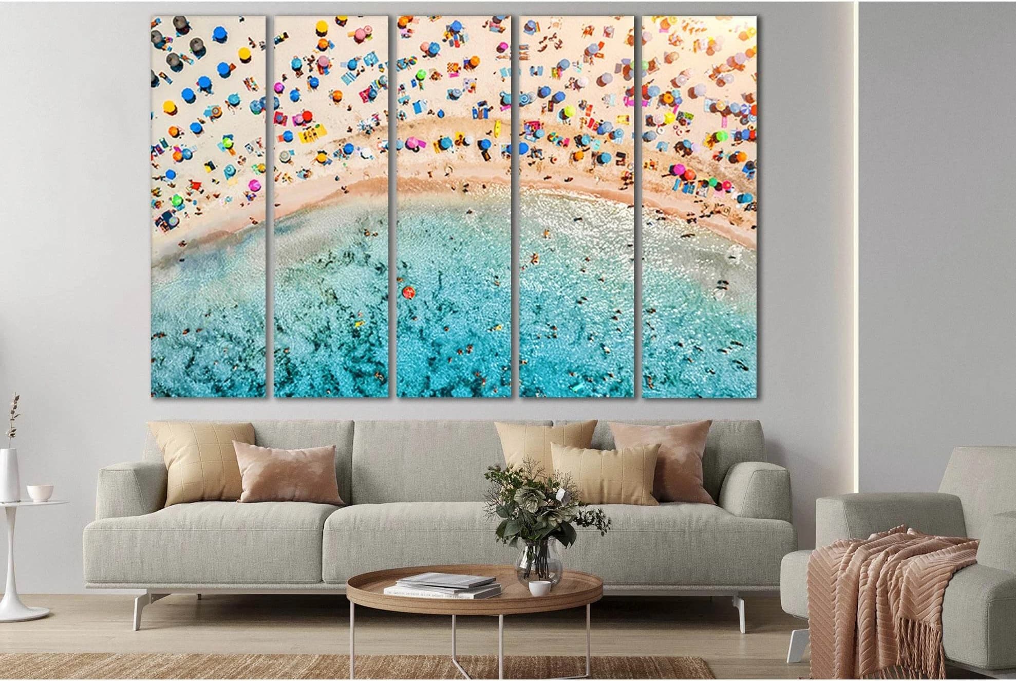 Beach With Colorful Umbrellas №SL145 Ready to Hang Canvas Print - Zellart Canvas Prints 0new, ALL_Products, Beach Ocean & Waves