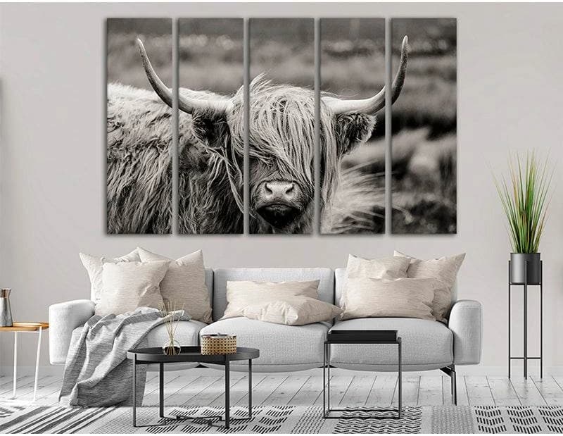 Black and White Highland Cow №04344 Ready to Hang Canvas Print - Zellart Canvas Prints ALL_Products, Cow