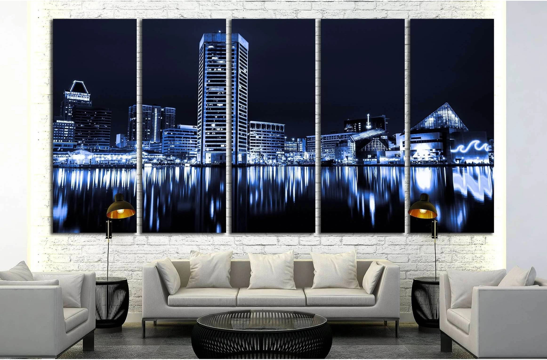 Black and white image of the Baltimore Inner Harbor Skyline at night №2151 Ready to Hang Canvas Print - Zellart Canvas Prints ALL_Products, s-2151