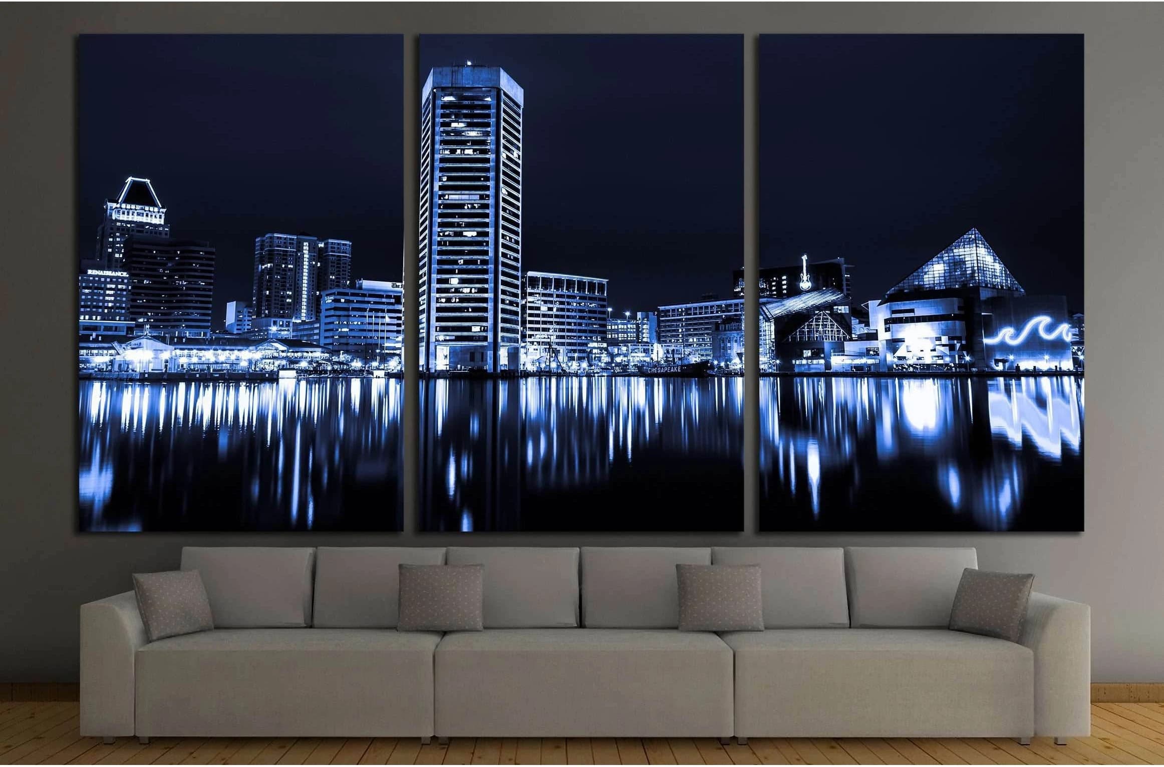 Black and white image of the Baltimore Inner Harbor Skyline at night №2151 Ready to Hang Canvas Print - Zellart Canvas Prints ALL_Products, s-2151