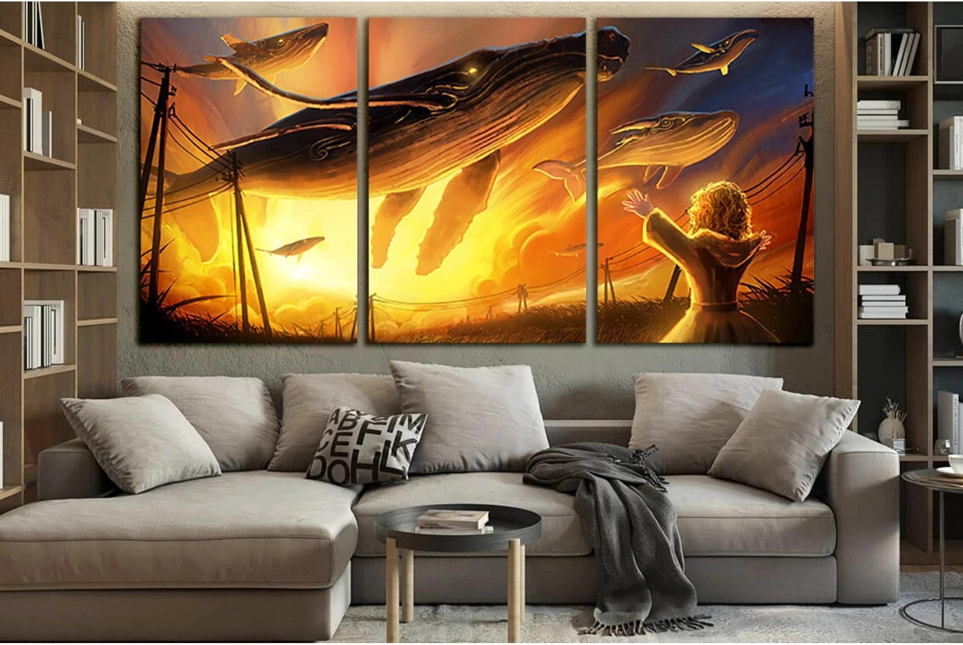 Boy And Huge Air Magic Whales №SL1247 Ready to Hang Canvas Print - Zellart Canvas Prints 0new, ALL_Products, Fantasy And Sci Fi Wall Art, Whale