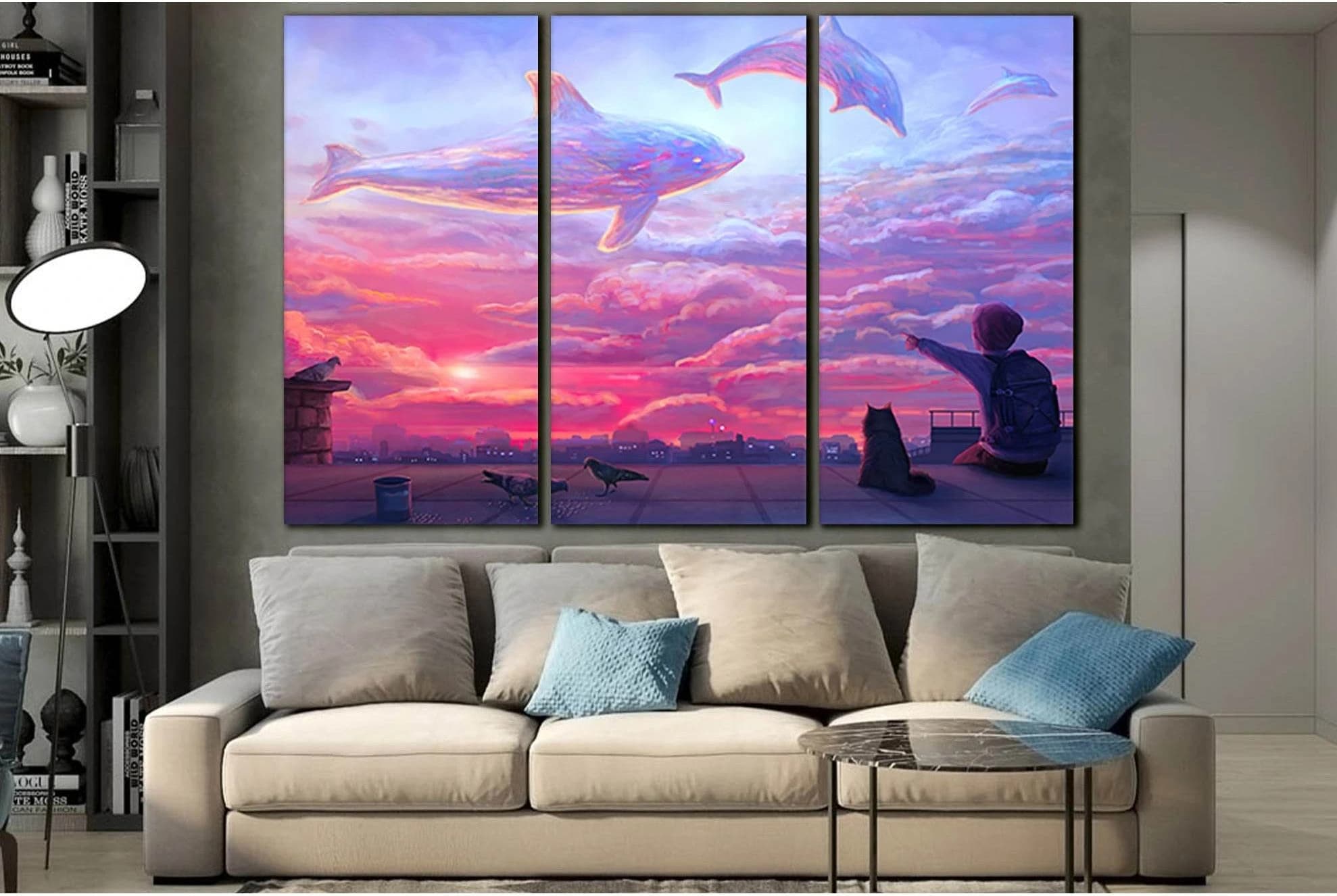 Boy Looking At Cloud Dolphins №SL1220 Ready to Hang Canvas Print - Zellart Canvas Prints 0new, ALL_Products, Fantasy And Sci Fi Wall Art