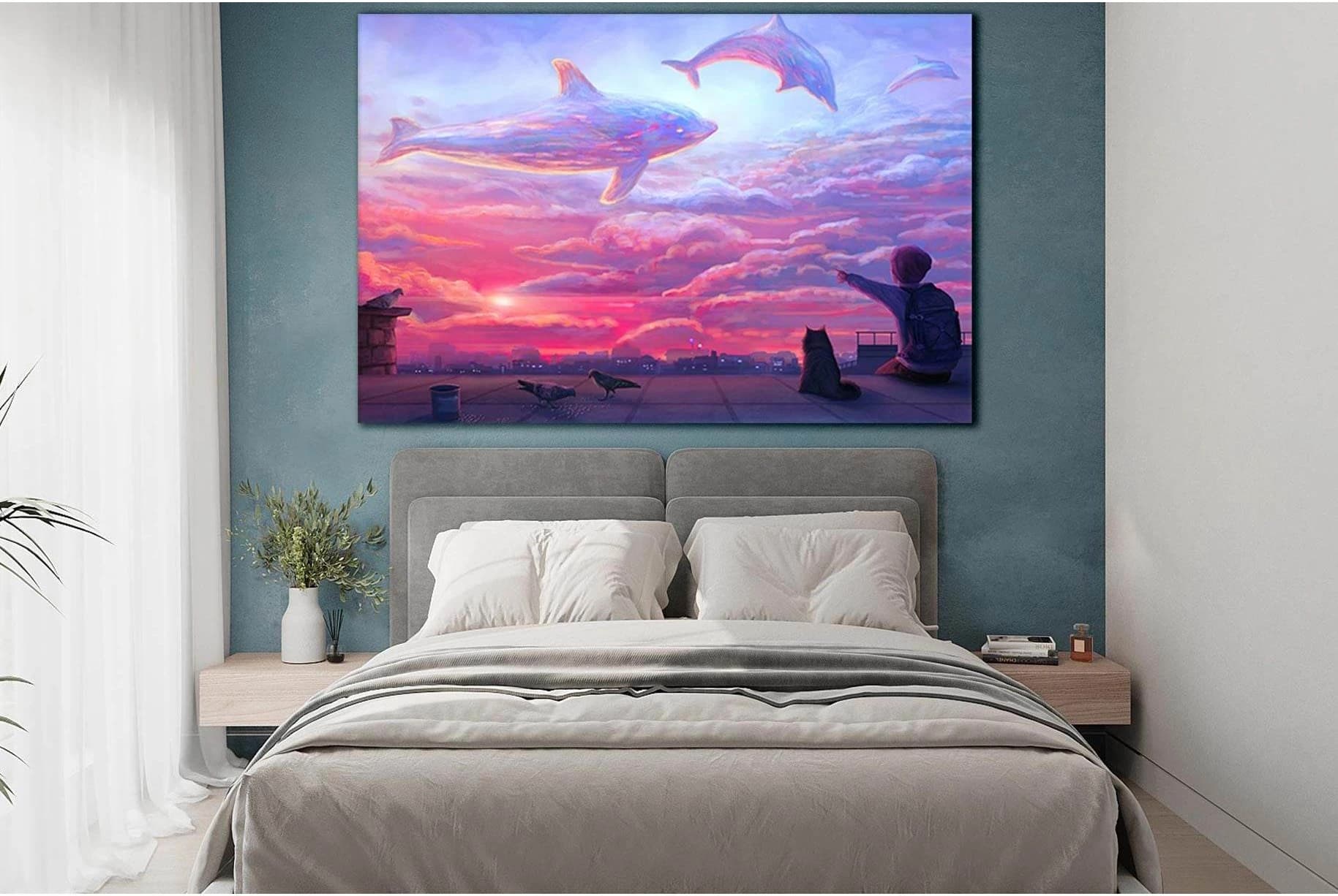 Boy Looking At Cloud Dolphins №SL1220 Ready to Hang Canvas Print - Zellart Canvas Prints 0new, ALL_Products, Fantasy And Sci Fi Wall Art