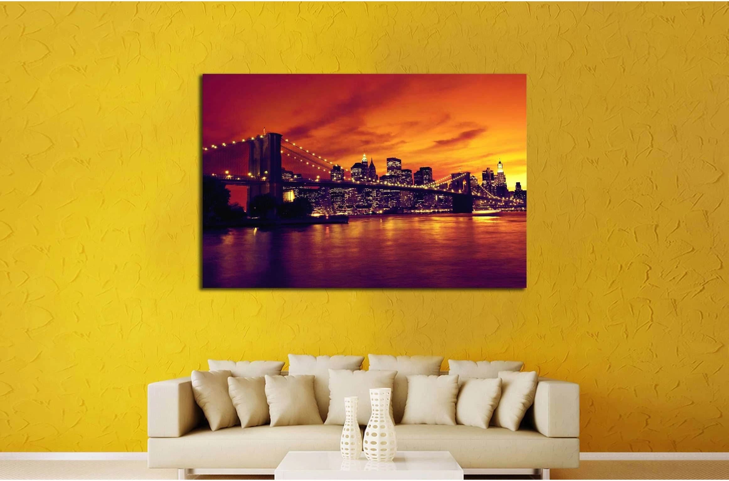 Brooklyn Bridge and Manhattan at sunset, New York, orange tone №2633 Ready to Hang Canvas Print - Zellart Canvas Prints 0_NY_ART, ALL_Products, s-2633