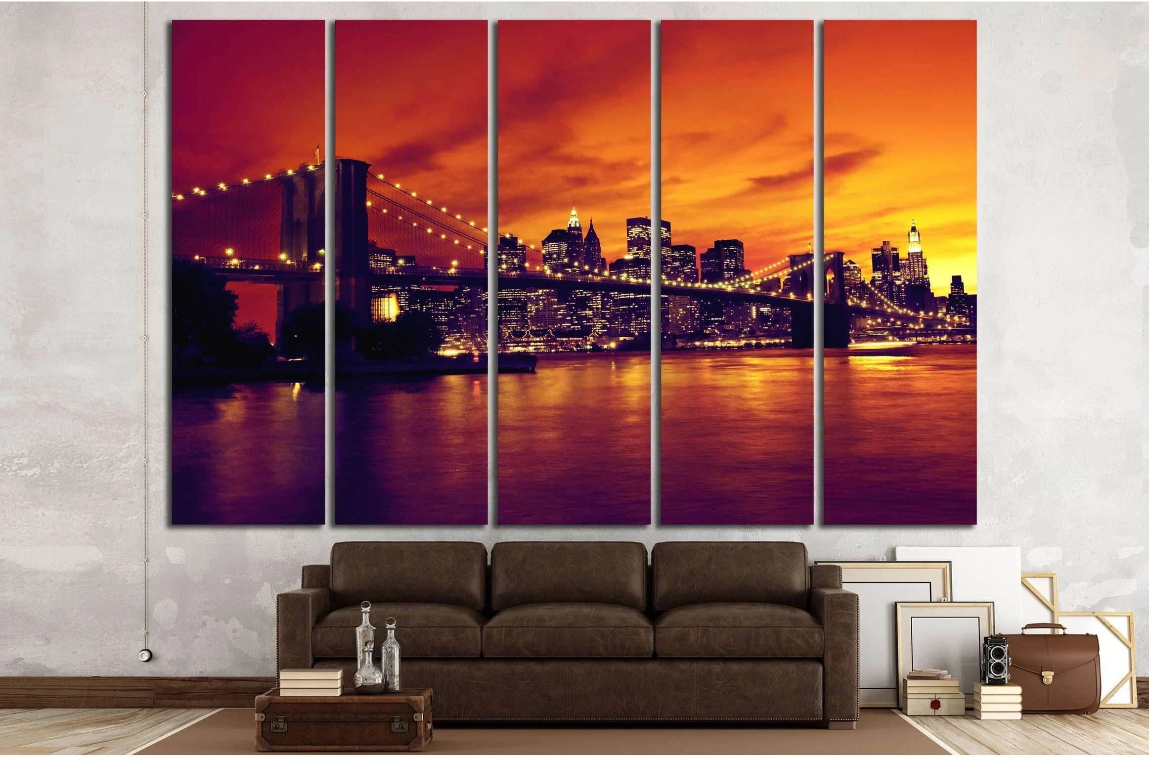 Brooklyn Bridge and Manhattan at sunset, New York, orange tone №2633 Ready to Hang Canvas Print - Zellart Canvas Prints 0_NY_ART, ALL_Products, s-2633