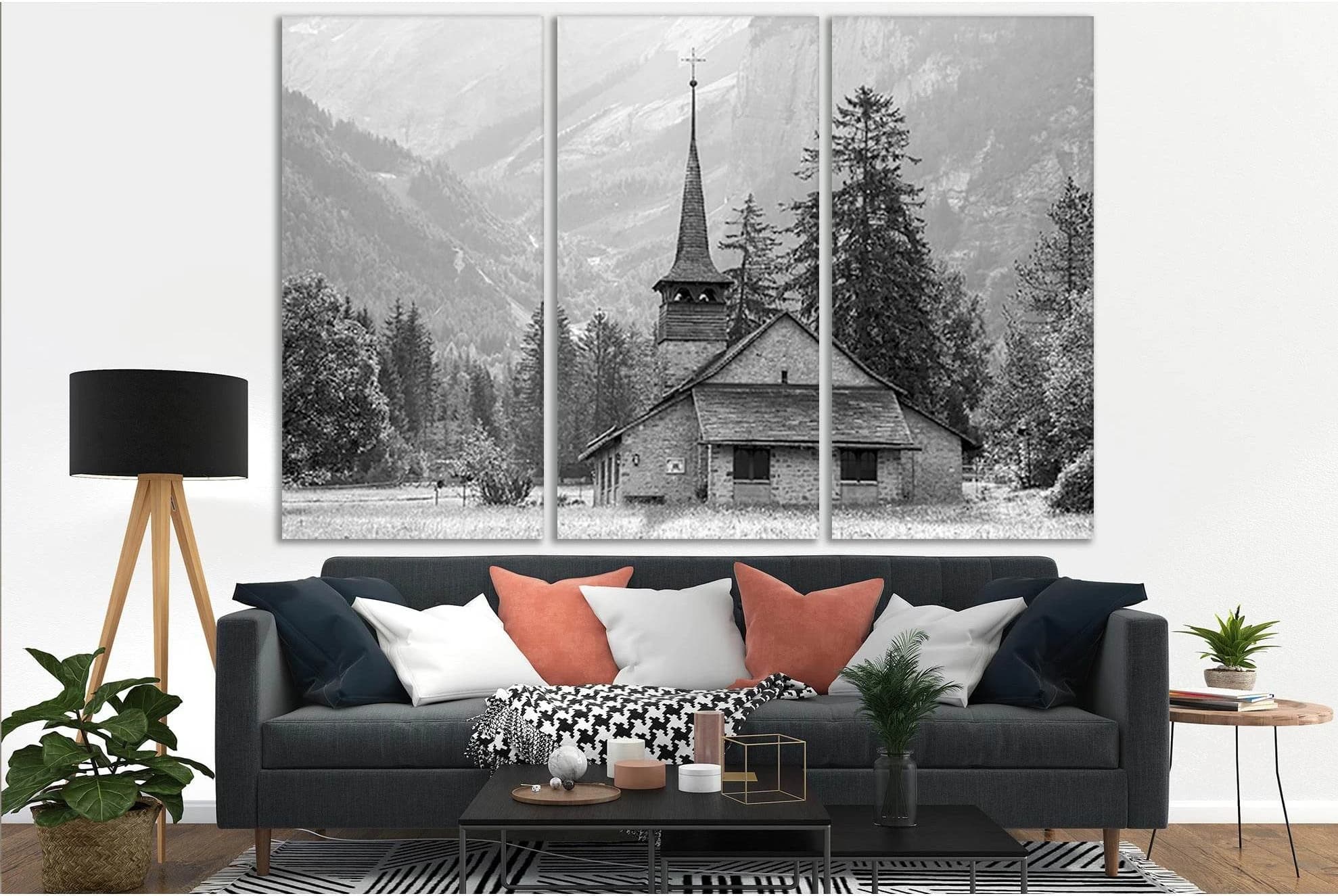 Church In The Mountains Black And White №SL832 Ready to Hang Canvas Print - Zellart Canvas Prints 0new, ALL_Products, Black & White Wall Art