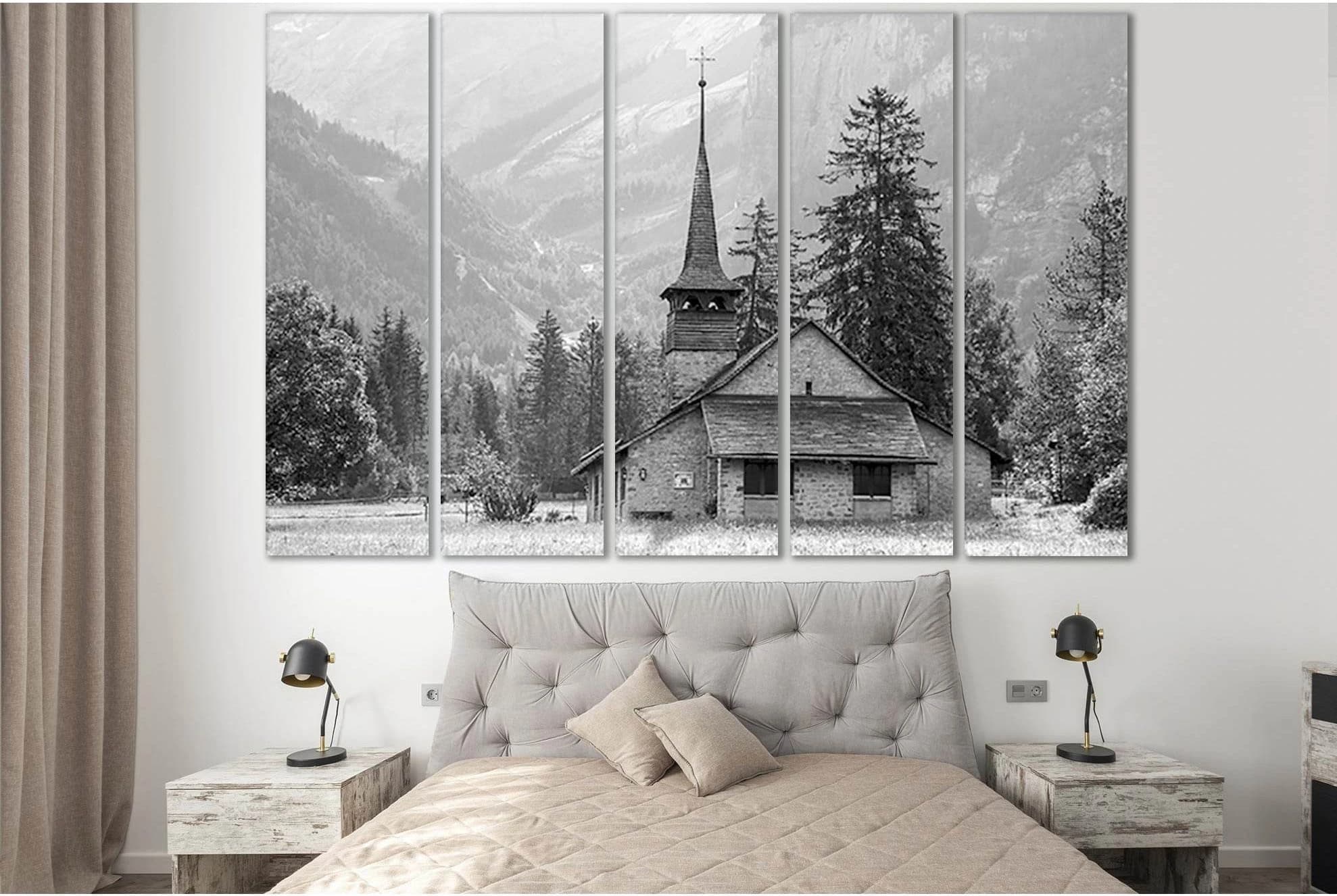 Church In The Mountains Black And White №SL832 Ready to Hang Canvas Print - Zellart Canvas Prints 0new, ALL_Products, Black & White Wall Art