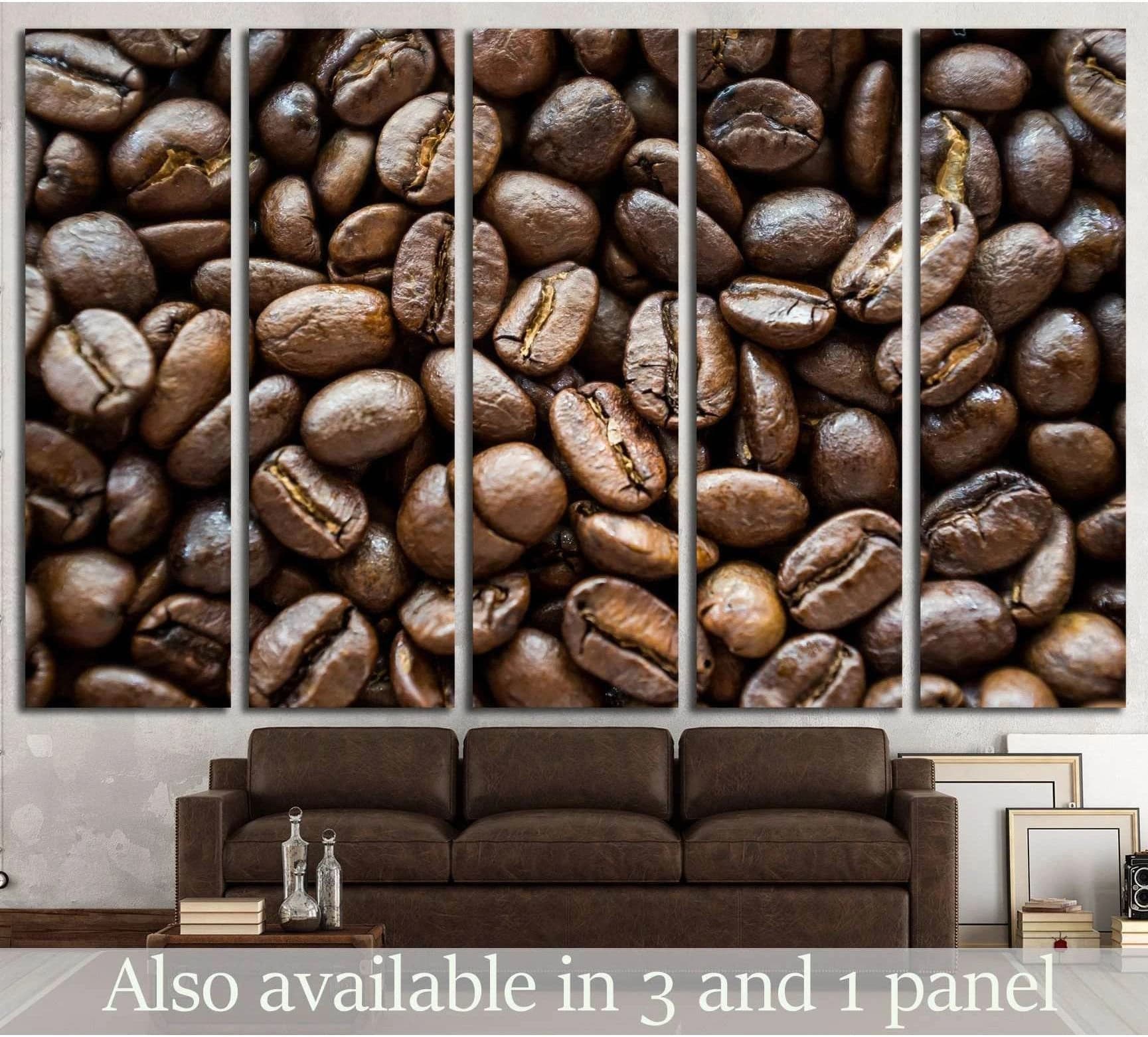 Close-up coffee beans canvas print hung above a sofa in a modern living room mockup