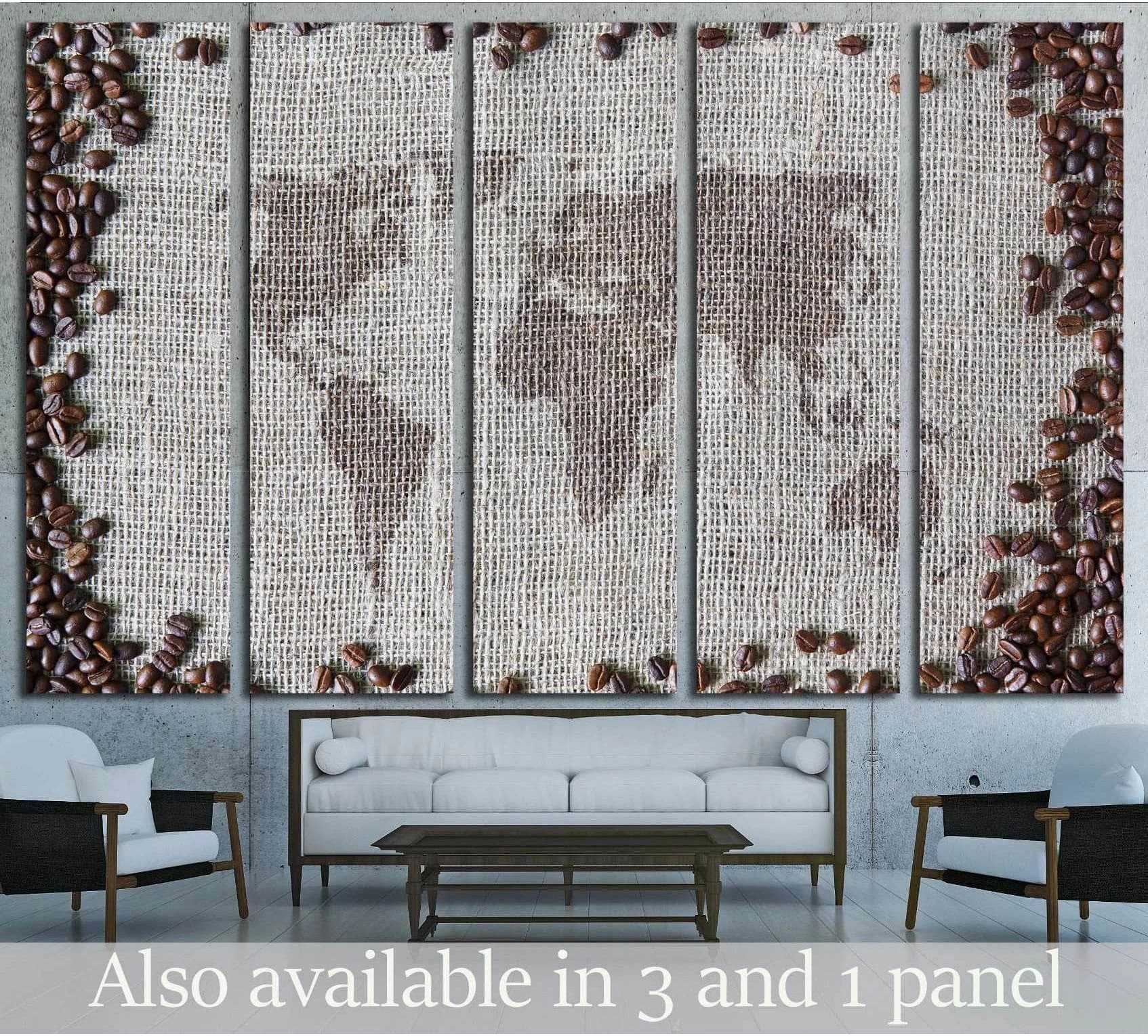 Coffee bean world map canvas print on burlap texture above sofa in cafe-style living room