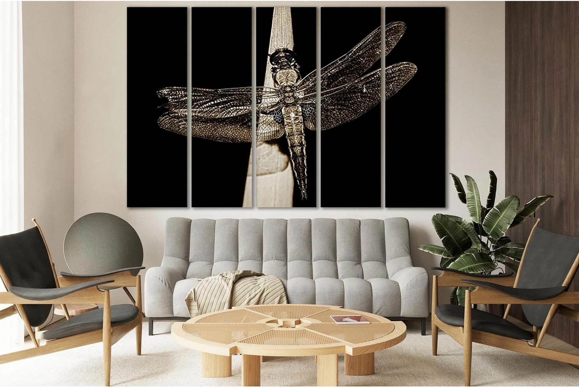 Dragonfly On Leaf Black And White №SL840 Ready to Hang Canvas Print - Zellart Canvas Prints 0new, ALL_Products, Black & White Wall Art