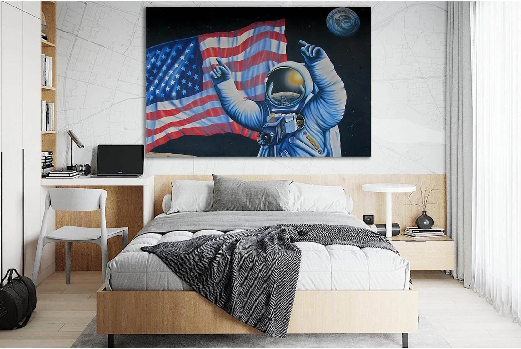 Drawn Astronauts And USA Flag №SL1168 Ready to Hang Canvas Print - Zellart Canvas Prints 0new, ALL_Products, Flags